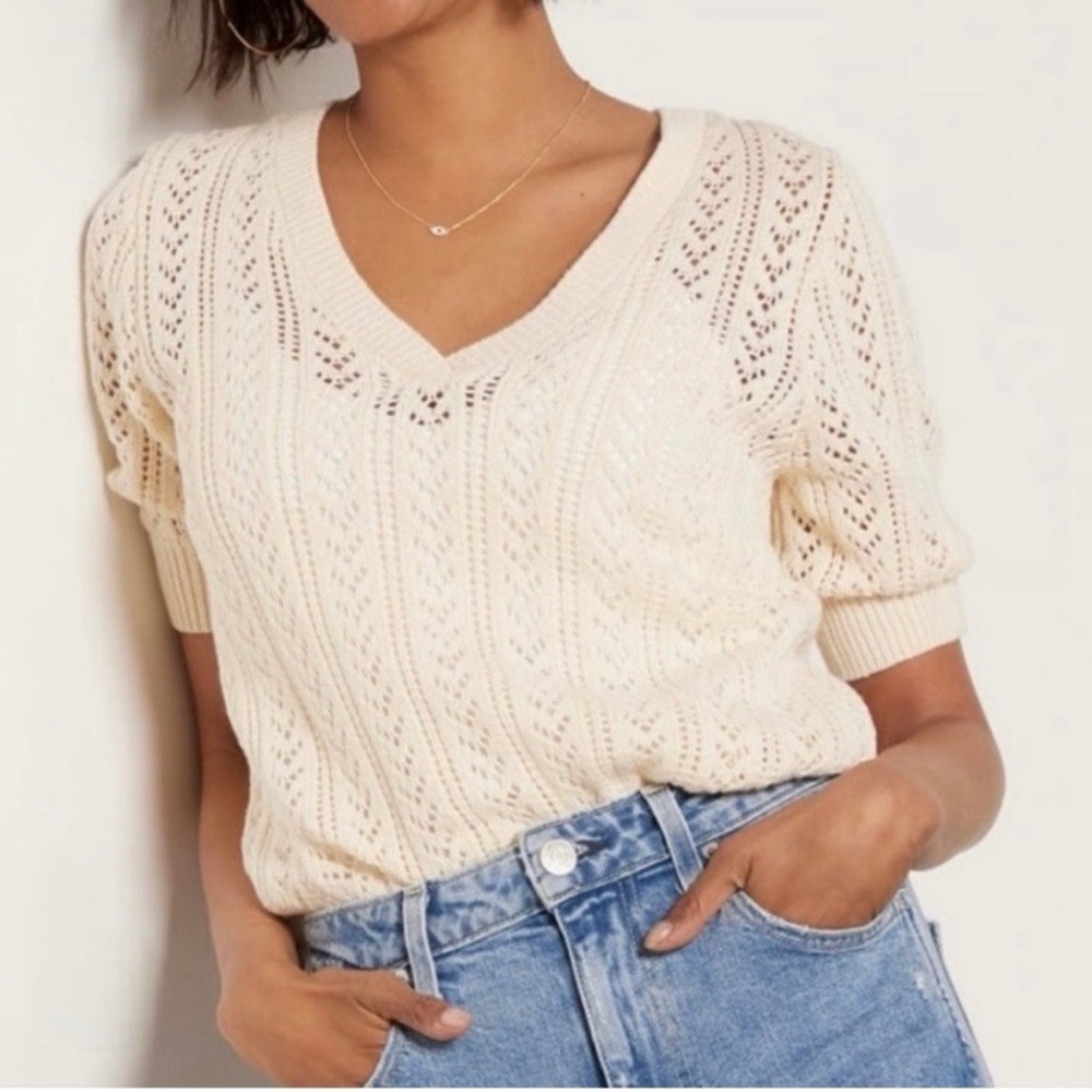 Evereve Nora Sweater Pointelle Knit Short Sleeve Cream Women's Size S